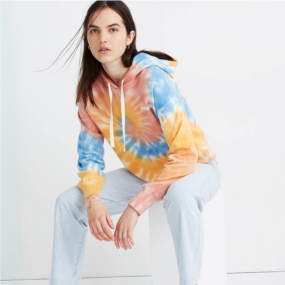 MADEWELL x FREE&EASY Blue Red Orange Tie-Dye Cropped Terrycloth Line Hoodie Sz M